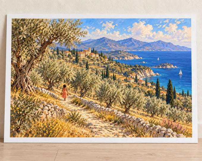 Mediterranean Olive Grove Art Print, Coastal Walking Path and Blue Sea, Digital Download — presentación de la obra