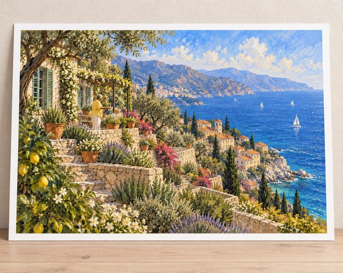 Mediterranean Terraced Garden Art Print, Flowers and Coastal Views, Digital Download — presentación de la obra