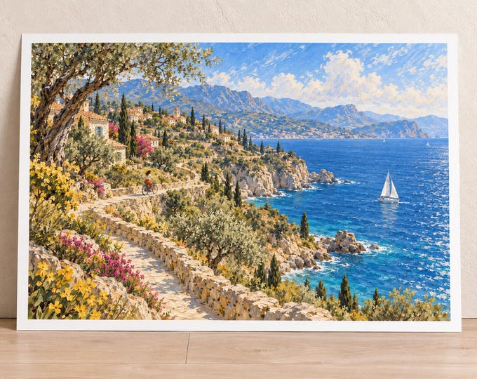Mediterranean Coastal Path Art Print, Bicycle Ride and Sea Cliffs, Digital Download — presentación de la obra