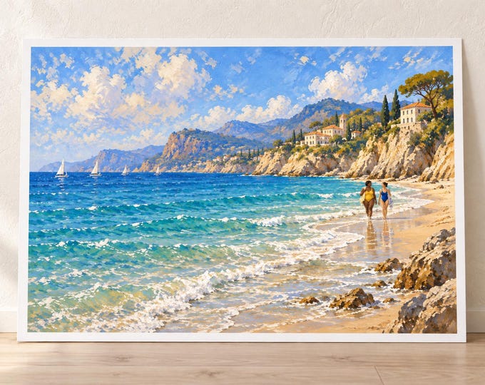 Mediterranean Beach Friends Art Print, Women Walking beside Turquoise Sea, Digital Download — presentación de la obra