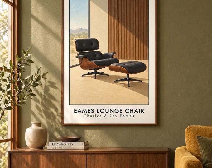Eames Lounge Chair Art Print, Charles and Ray Eames Furniture Poster, Mid Century Modern A2 Digital Download — presentación de la obra