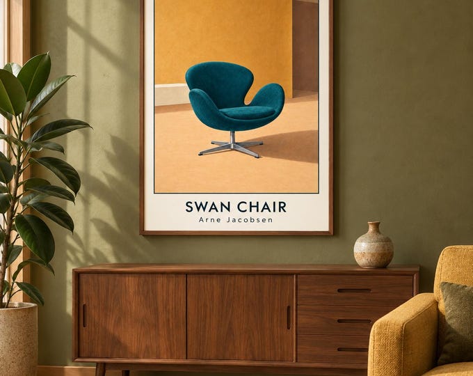 Swan Chair Art Print, Arne Jacobsen Furniture Poster, A2 Digital Download — presentación de la obra