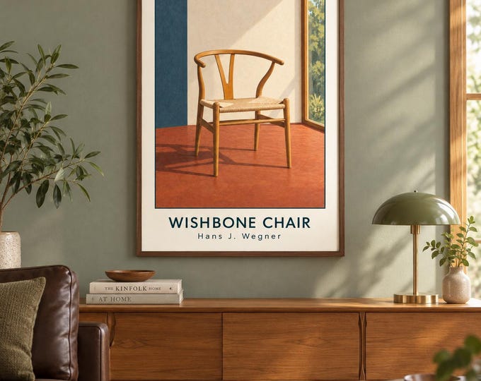 Wishbone Chair Art Print, Hans J. Wegner Furniture Poster, A2 Digital Download — presentación de la obra
