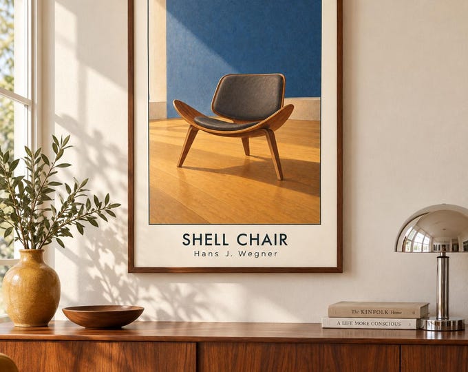 Shell Chair Art Print, Hans J. Wegner Furniture Poster, A2 Digital Download — presentación de la obra