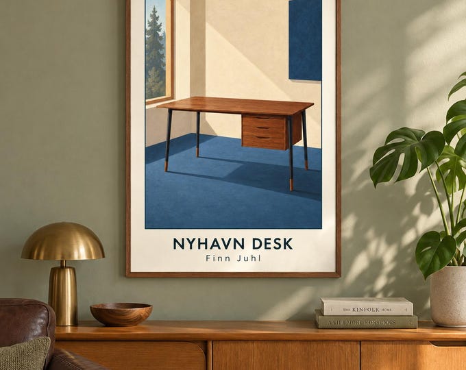 Nyhavn Desk Art Print, Finn Juhl Furniture Poster, A2 Digital Download — presentación de la obra