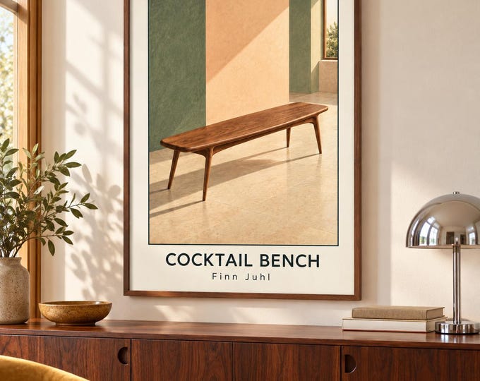 Cocktail Bench Art Print, Finn Juhl Furniture Poster, A2 Digital Download — presentación de la obra