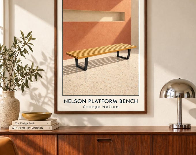 Nelson Platform Bench Art Print, George Nelson Furniture Poster, A2 Digital Download — presentación de la obra
