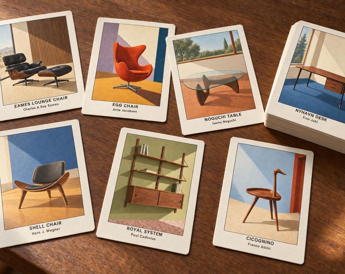 Mid-Century Furniture Learning Cards, 40 Illustrated Designs, Printable Flashcards, A3+ PDF Download — presentación de la obra