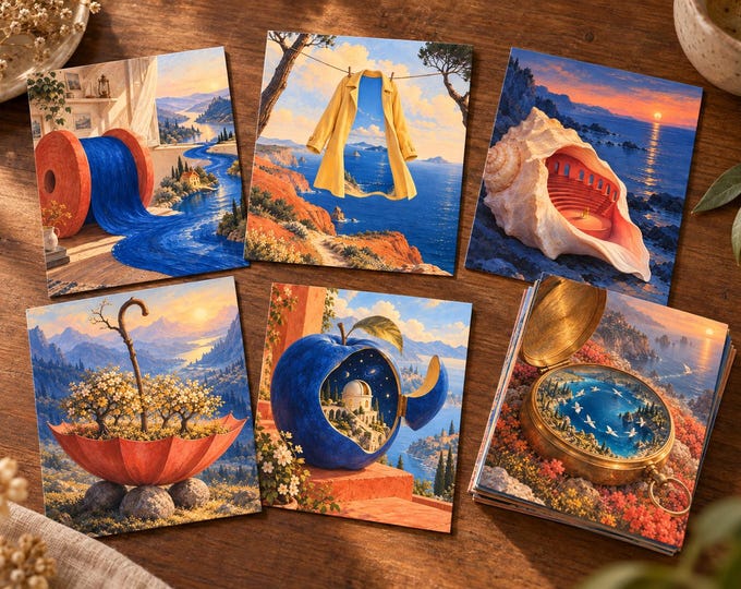 Surreal Art Learning Cards, 40 Dreamlike Illustrations, Printable Storytelling Cards, A3+ PDF Download — presentación de la obra