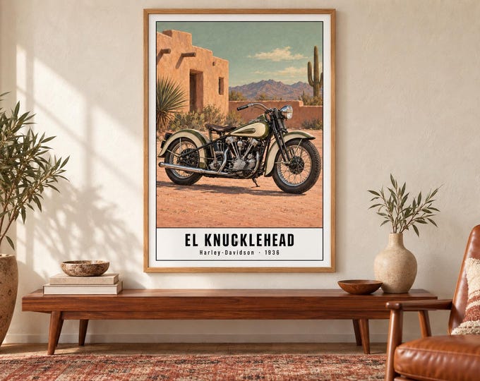 Harley-Davidson EL Knucklehead Motorcycle Art Print, Retro Poster, Two A2 Digital Versions — presentación de la obra