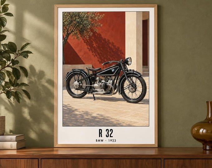 BMW R 32 Motorcycle Art Print, Retro Poster, Two A2 Digital Versions — presentación de la obra