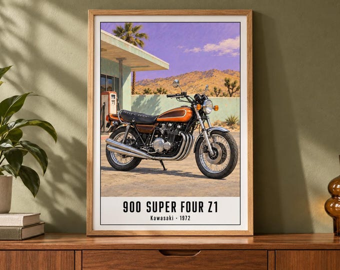 Kawasaki Z1 900 Motorcycle Art Print, Retro Poster, Two A2 Digital Versions — presentación de la obra
