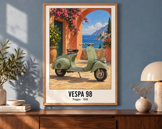 Vespa 98 Motorcycle Art Print, Retro Poster, Two A2 Digital Versions — presentación de la obra