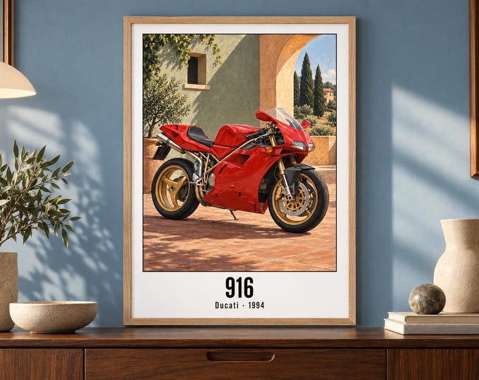 Ducati 916 Motorcycle Art Print, Retro Poster, Two A2 Digital Versions — presentación de la obra