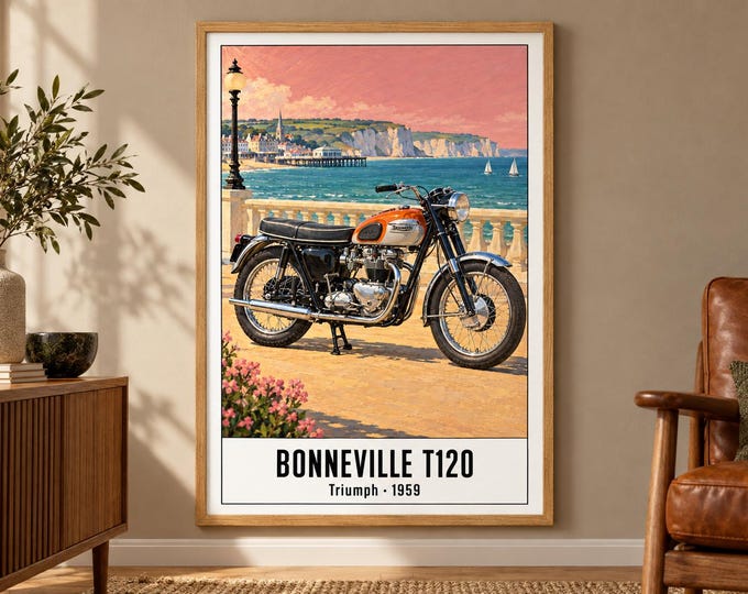 Triumph Bonneville T120 Motorcycle Art Print, Retro Poster, Two A2 Digital Versions — presentación de la obra