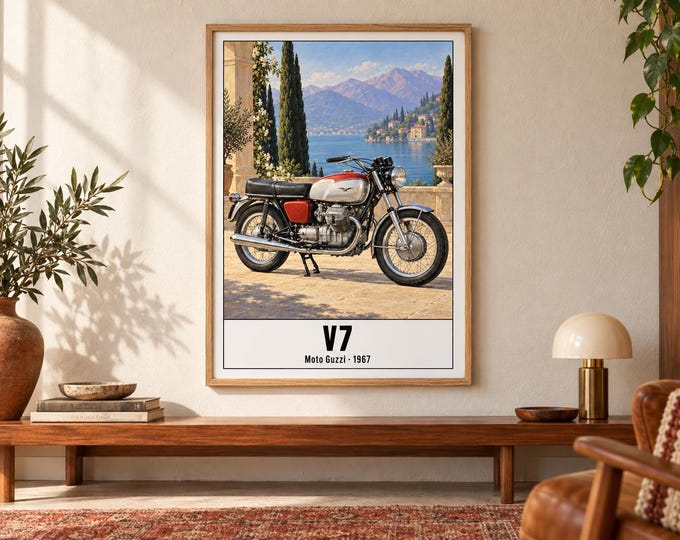 Moto Guzzi V7 Motorcycle Art Print, Retro Poster, Two A2 Digital Versions — presentación de la obra