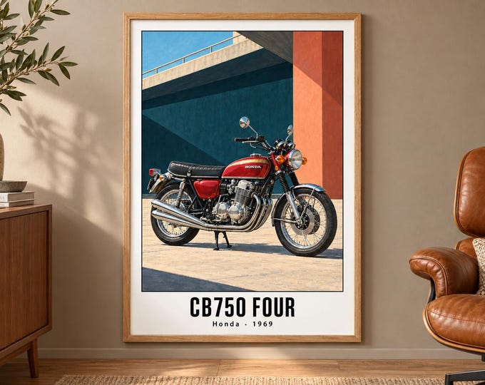 Honda CB750 Four Motorcycle Art Print, Retro Poster, Two A2 Digital Versions — presentación de la obra