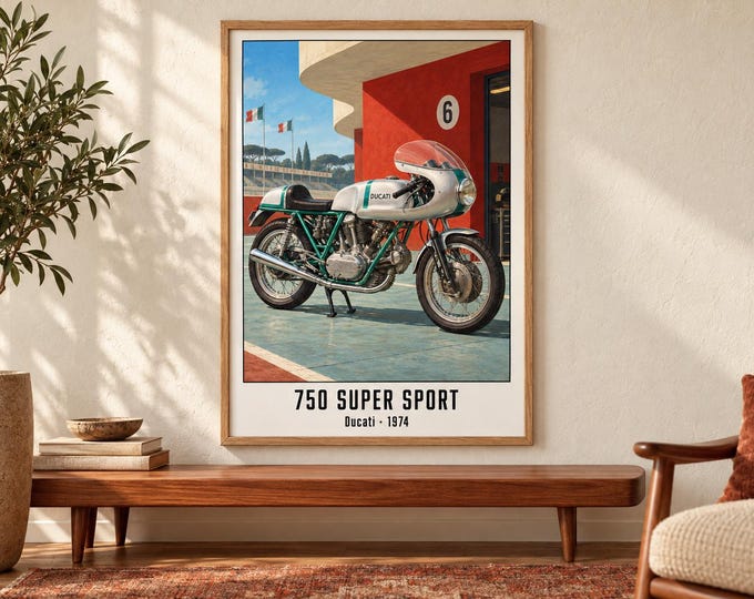 Ducati 750 Super Sport Motorcycle Art Print, Retro Poster, Two A2 Digital Versions — presentación de la obra
