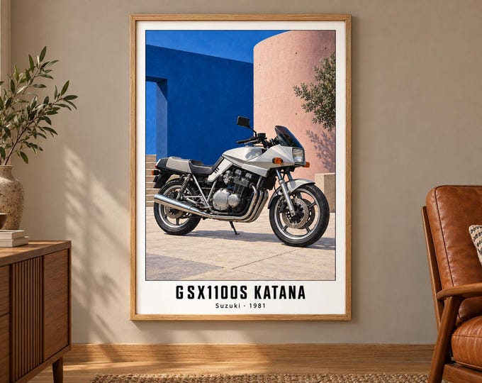 Suzuki GSX1100S Katana Motorcycle Art Print, Retro Poster, Two A2 Digital Versions — presentación de la obra