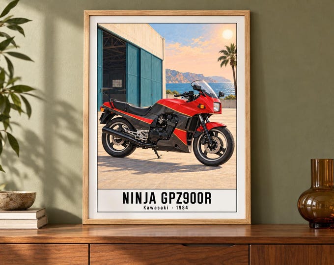Kawasaki Ninja GPZ900R Motorcycle Art Print, Retro Poster, Two A2 Digital Versions — presentación de la obra