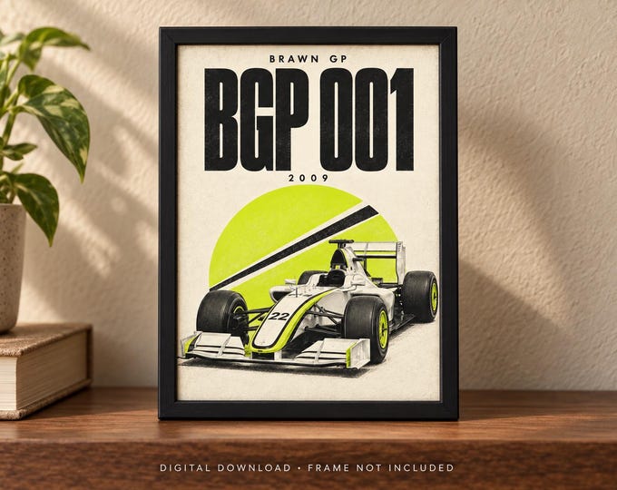 Brawn GP BGP 001 2009 Retro Racing Car Poster, A2 Print, Digital JPG — presentación de la obra