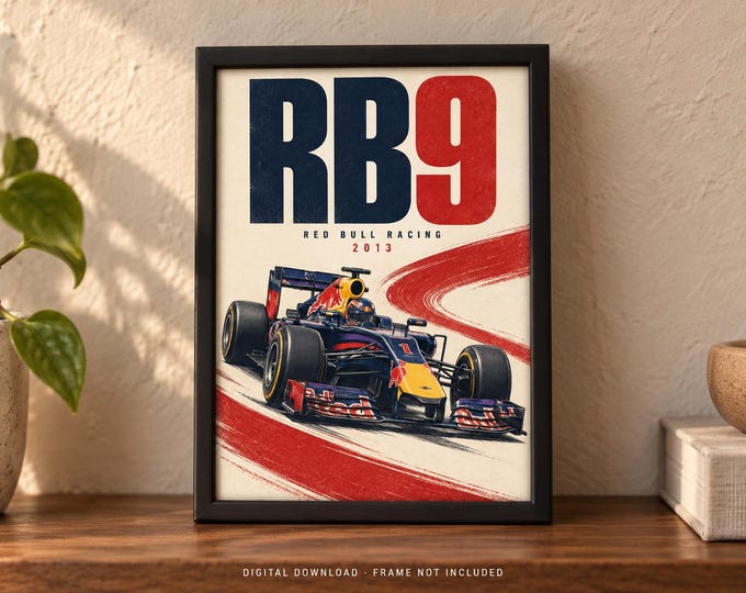 Red Bull Racing RB9 2013 Retro Racing Car Poster, A2 Print, Digital JPG — presentación de la obra