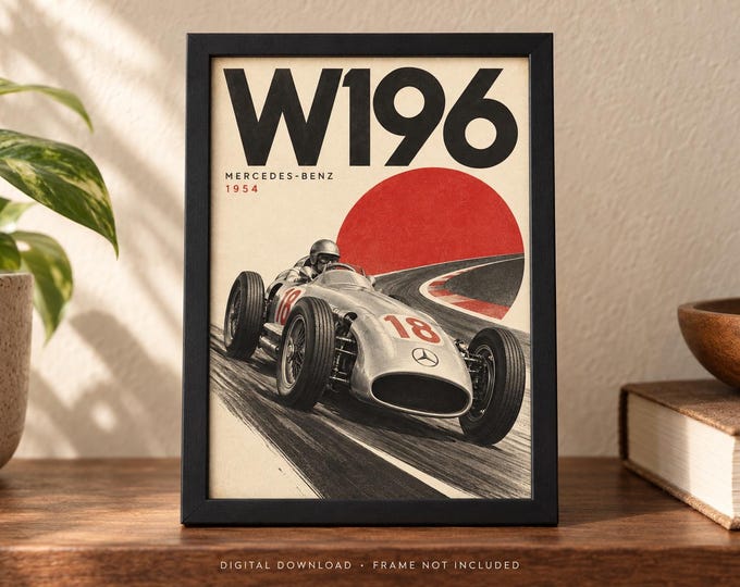 MERCEDES-BENZ W196 1954 Retro Racing Car Poster, A2 Print, Digital JPG — presentación de la obra
