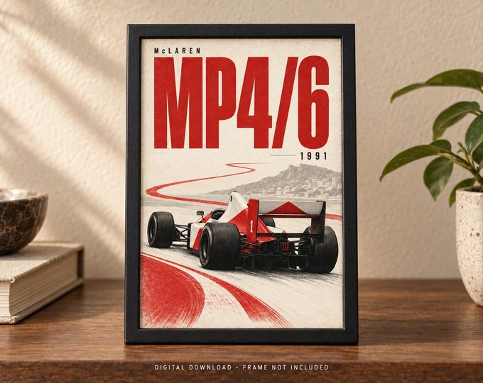 McLAREN MP4/6 1991 Retro Racing Car Poster, A2 Print, Digital JPG — presentación de la obra