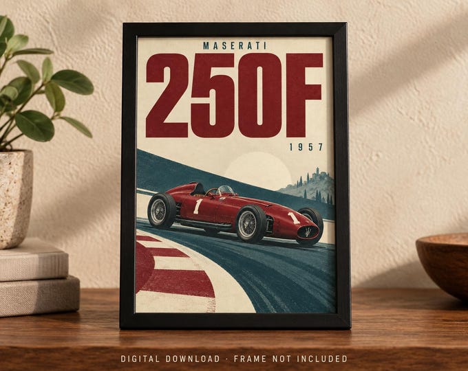 MASERATI 250F 1957 Retro Racing Car Poster, A2 Print, Digital JPG — presentación de la obra
