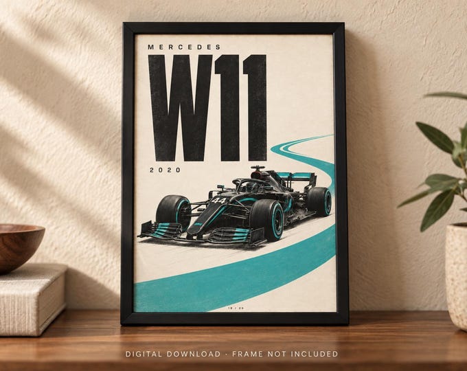 MERCEDES W11 2020 Retro Racing Car Poster, A2 Print, Digital JPG — presentación de la obra