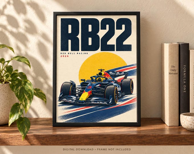 Red Bull Racing RB22 2026 Retro Racing Car Poster, A2 Print, Digital JPG — presentación de la obra