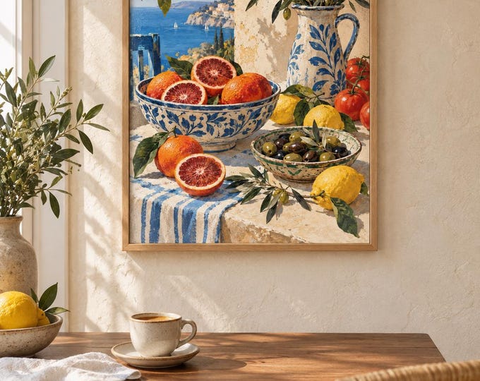 Mediterranean Citrus Kitchen Wall Art, Blue Ceramic Still Life, A3 Printable Digital Download — presentación de la obra