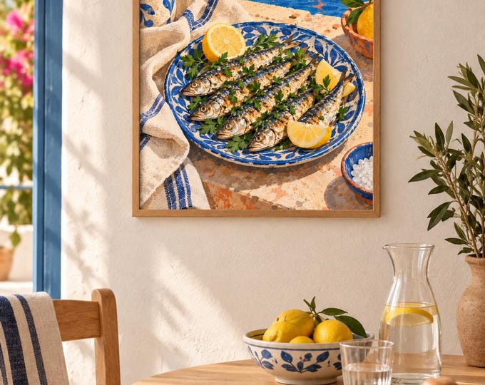 Portuguese Sardines Kitchen Wall Art, Coastal Fish Still Life, Blue Ceramic Plate, A3 Printable Digital Download — presentación de la obra