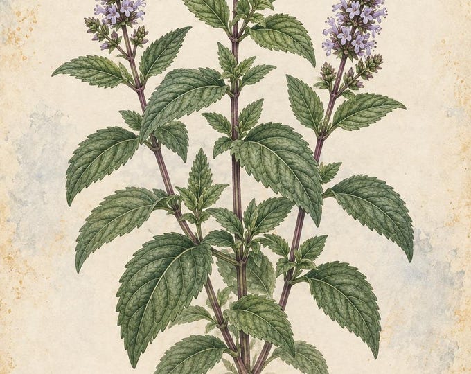 Peppermint Botanical Print, Menta Herbarium Art, English & Spanish Plant Poster, Digital Download — presentación de la obra