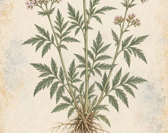 Valerian Botanical Print, Valeriana Herbarium Art, English & Spanish Plant Poster, Digital Download — presentación de la obra
