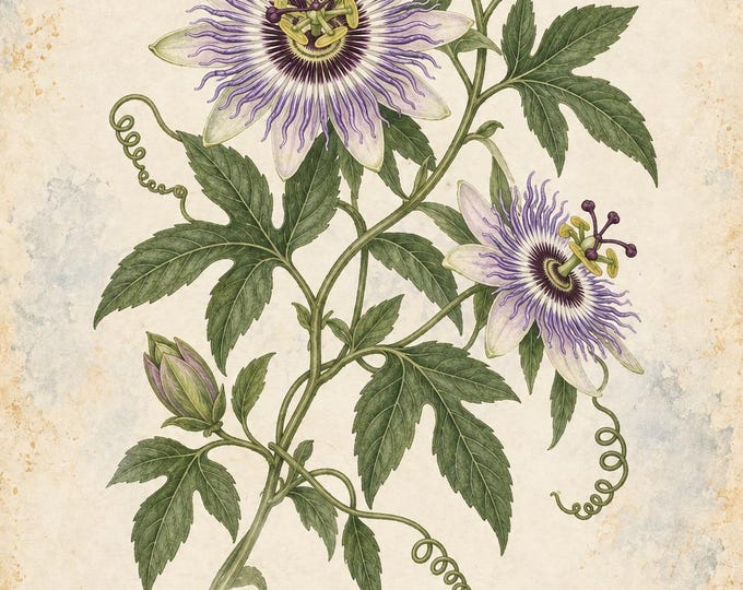 Passionflower Botanical Print, Pasiflora Herbarium Art, English & Spanish Plant Poster, Digital Download — presentación de la obra