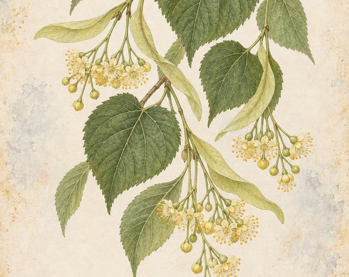 Linden Botanical Print, Tilo Herbarium Art, English & Spanish Plant Poster, Digital Download — presentación de la obra