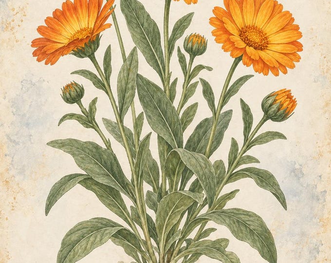 Calendula Botanical Print, Caléndula Herbarium Art, English & Spanish Plant Poster, Digital Download — presentación de la obra