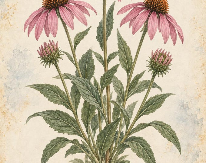 Echinacea Botanical Print, Equinácea Herbarium Art, English & Spanish Plant Poster, Digital Download — presentación de la obra