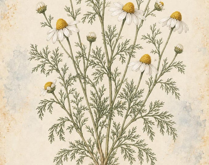 Chamomile Botanical Print, Manzanilla Herbarium Art, English & Spanish Plant Poster, Digital Download — presentación de la obra