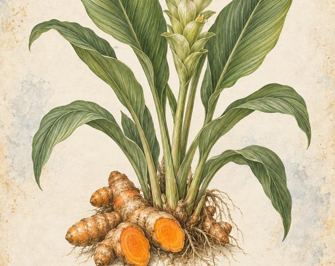 Turmeric Botanical Print, Cúrcuma Herbarium Art, English & Spanish Plant Poster, Digital Download — presentación de la obra