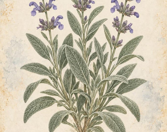 Sage Botanical Print, Salvia Herbarium Art, English & Spanish Plant Poster, Digital Download — presentación de la obra