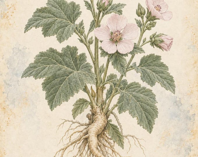 Marshmallow Botanical Print, Malvavisco Herbarium Art, English & Spanish Plant Poster, Digital Download — presentación de la obra