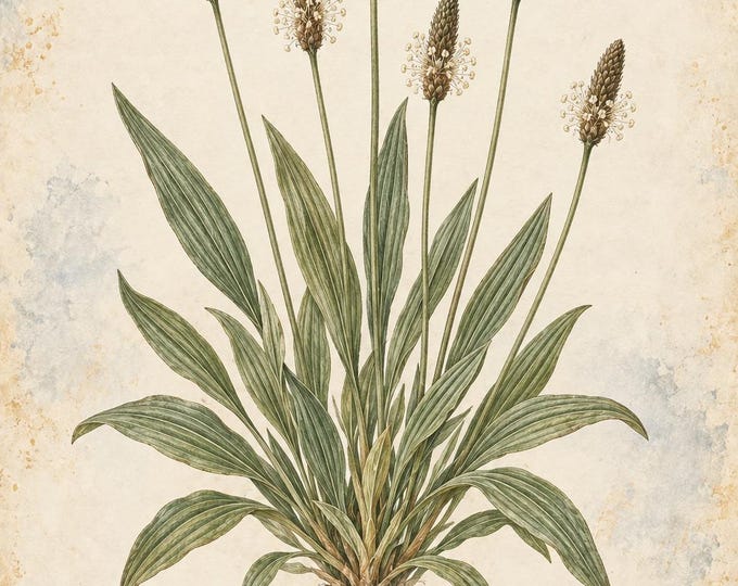 Ribwort Plantain Botanical Print, Llantén Herbarium Art, English & Spanish Plant Poster, Digital Download — presentación de la obra