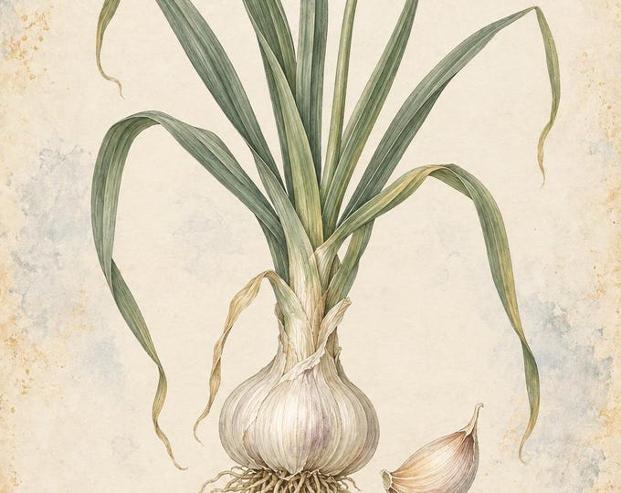 Garlic Botanical Print, Ajo Herbarium Art, English & Spanish Plant Poster, Digital Download — presentación de la obra