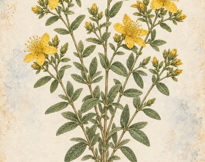 St Johns Wort Botanical Print, Hipérico Herbarium Art, English & Spanish Plant Poster, Digital Download — presentación de la obra