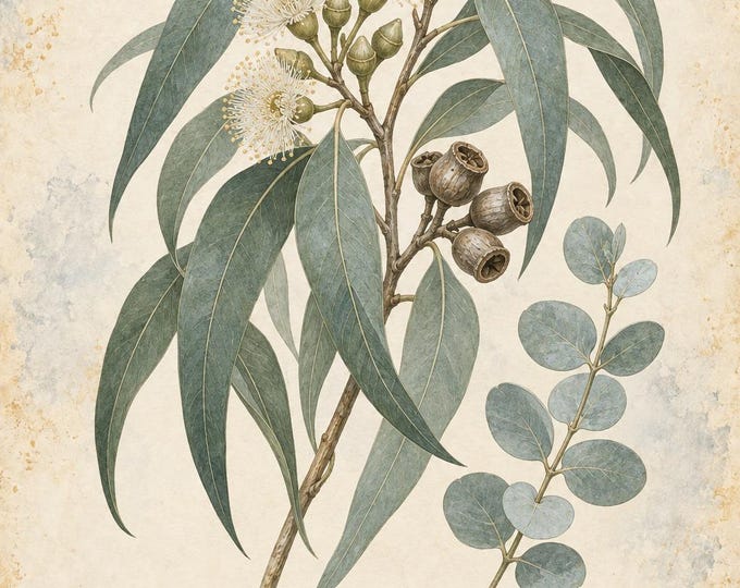 Eucalyptus Botanical Print, Eucalipto Herbarium Art, English & Spanish Plant Poster, Digital Download — presentación de la obra
