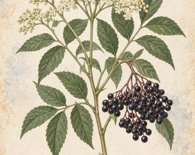 Elderberry Botanical Print, Saúco Herbarium Art, English & Spanish Plant Poster, Digital Download — presentación de la obra