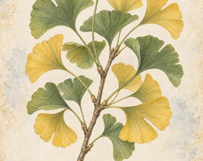 Ginkgo Botanical Print, Ginkgo Herbarium Art, English & Spanish Plant Poster, Digital Download — presentación de la obra