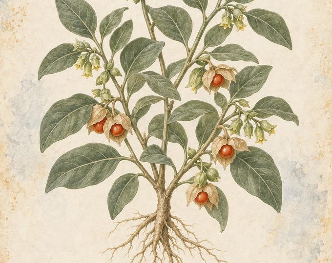 Ashwagandha Botanical Print, Ashwagandha Herbarium Art, English & Spanish Plant Poster, Digital Download — presentación de la obra